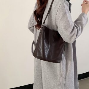 MBH Top Grain Vegetable Tanned Leather Bucket Bag Vintage Crossbody Shoulder Bag with Strap