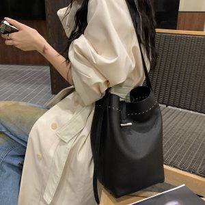 MBH Top Grain Leather Handmade Stitch Korean Bucket Bag Large Capacity Soft Shoulder Bag with Storage Pouch