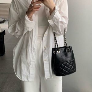 MBH Quilted Bucket Bag with Chain Strap in Top Grain Leather