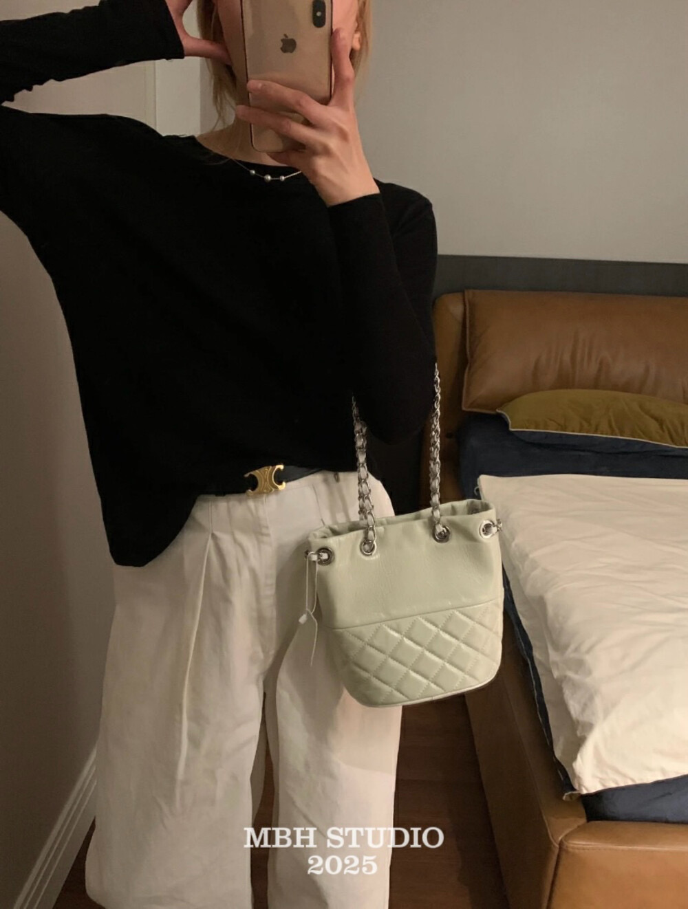 MBH Quilted Bucket Bag with Chain Strap in Top Grain Leather - Image 2
