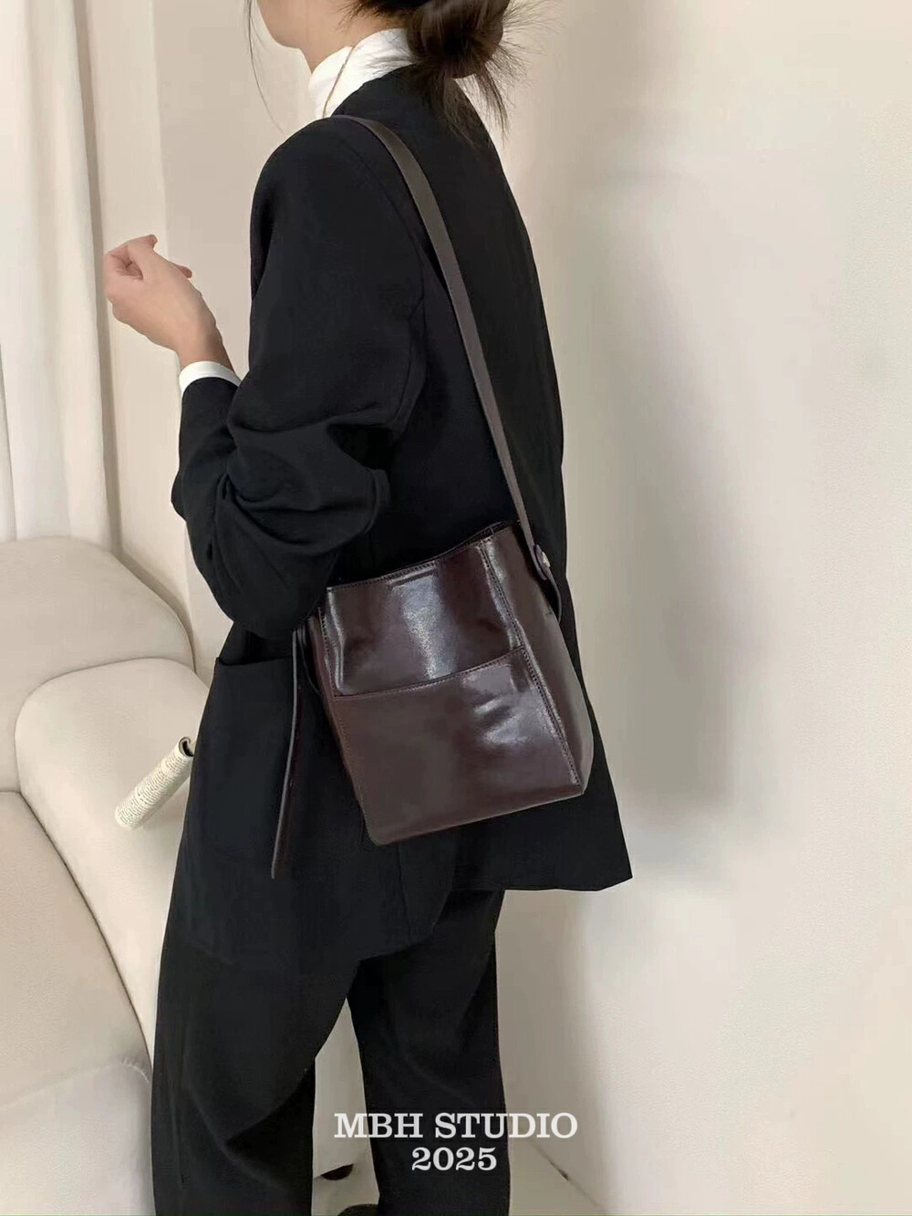MBH Vegetable-Tanned Leather Bucket Bag Minimalist Shoulder Crossbody - Image 3