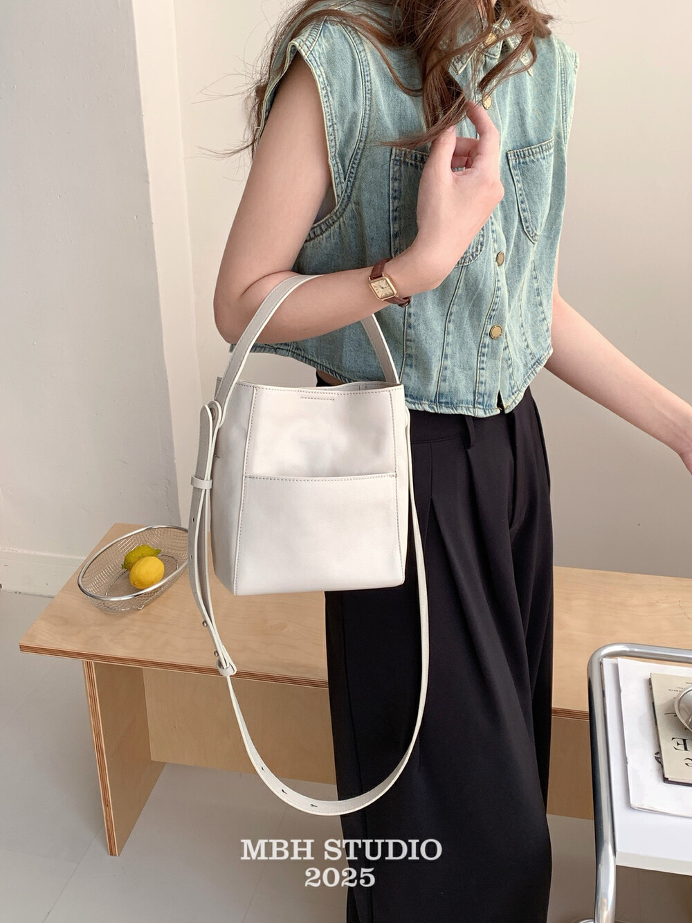MBH Vegetable-Tanned Leather Bucket Bag Minimalist Shoulder Crossbody