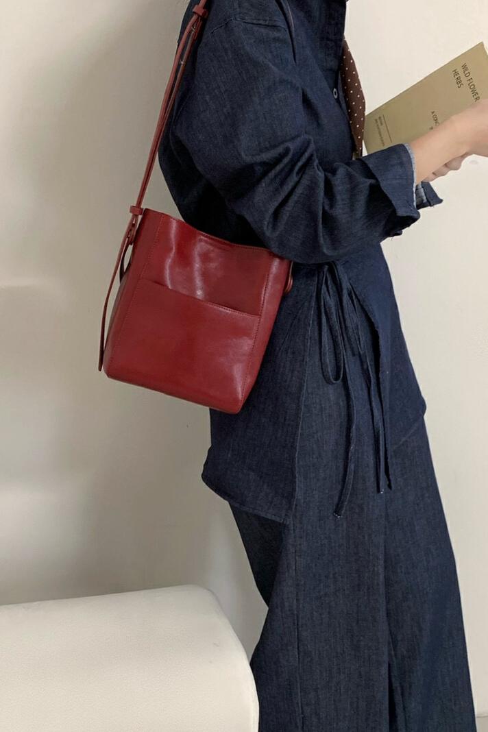 MBH Vegetable-Tanned Leather Bucket Bag Minimalist Shoulder Crossbody - Image 5