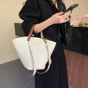 MBH Top Grain Litchi Pattern Leather Bucket Bag Tote Handbag Shoulder Bag with Storage Pouch