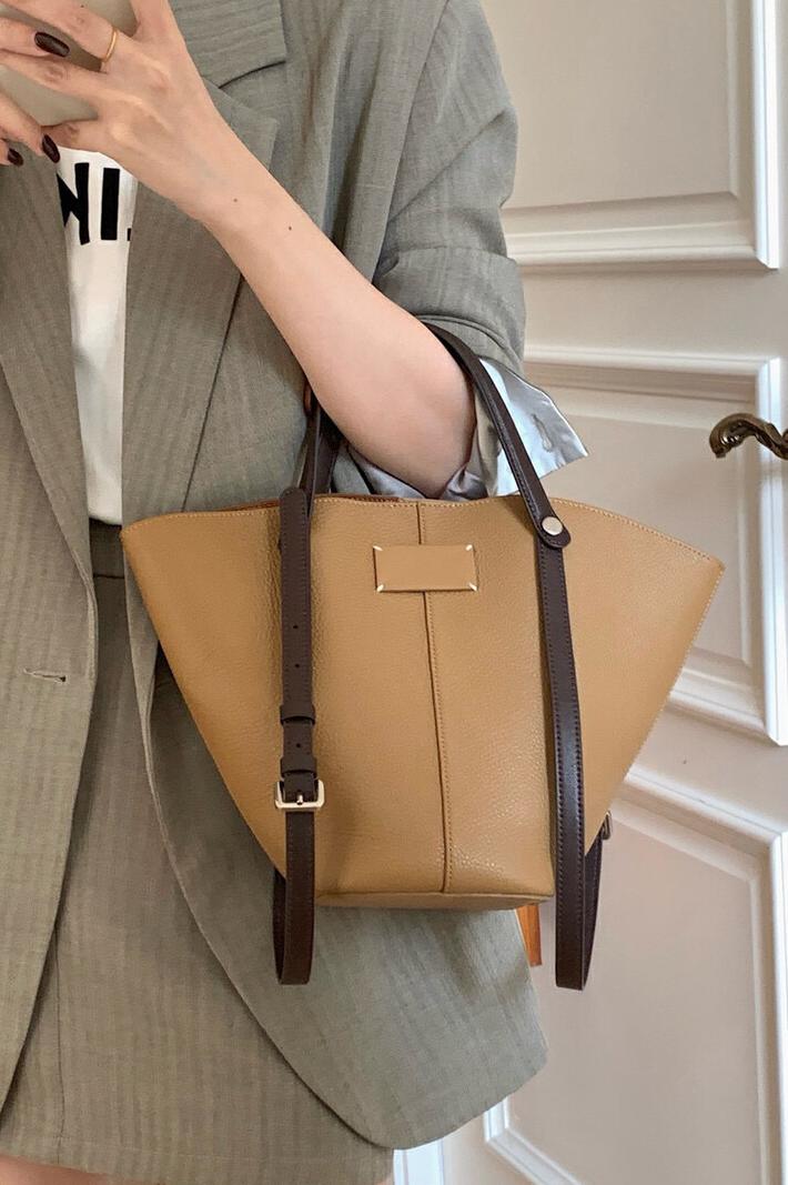 MBH Top Grain Litchi Pattern Leather Bucket Bag Tote Handbag Shoulder Bag with Storage Pouch - Image 5