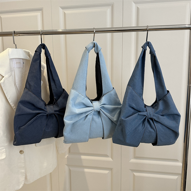 2025 New Minimalist Denim Shoulder Tote Bag with Bow - Image 3