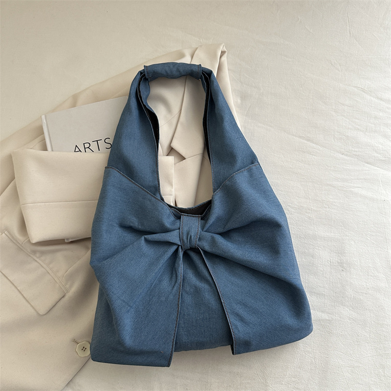 2025 New Minimalist Denim Shoulder Tote Bag with Bow - Image 4