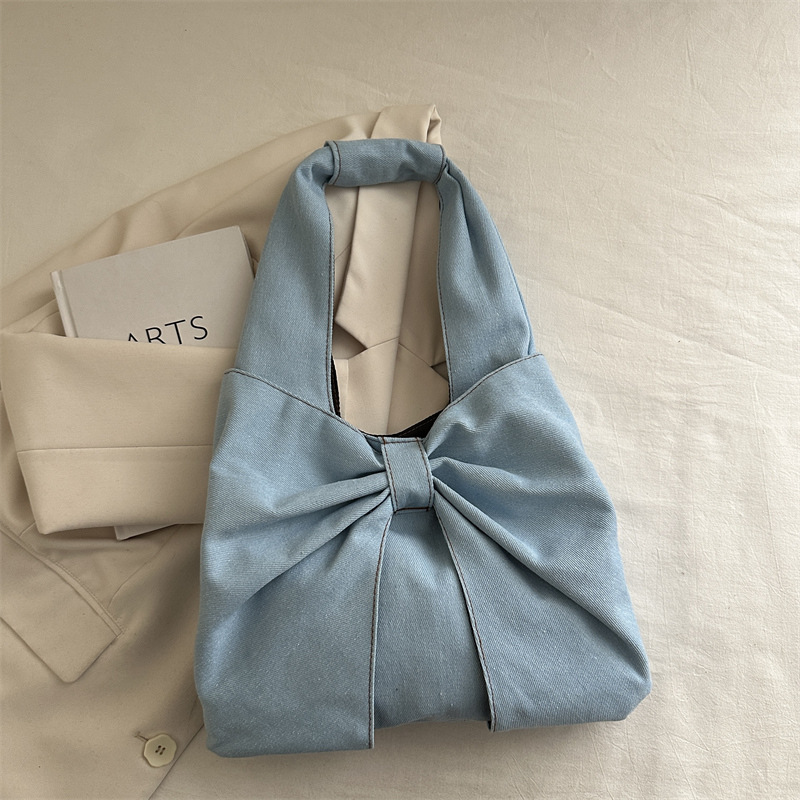 2025 New Minimalist Denim Shoulder Tote Bag with Bow - Image 2