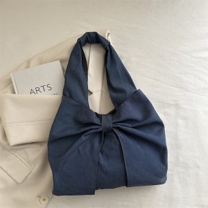 2025 New Minimalist Denim Shoulder Tote Bag with Bow