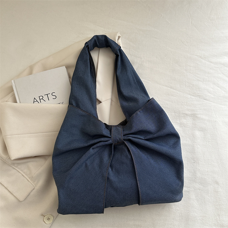 2025 New Minimalist Denim Shoulder Tote Bag with Bow