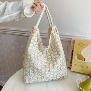 Women's Casual Large Capacity Commuter Tote Bag 2025 Fresh Mesh Flower Lace One Shoulder Underarm Bag